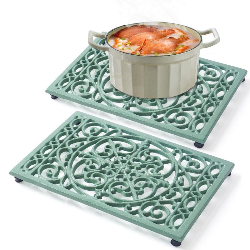 9.6 x 6.3 Inch Cast Iron Trivet Set, Large Metal Trivets for Hot Dishes Pots Pans Decorative Kitchen Trivets, Heat-Resistant Trivet Mats for Quartz Countertops, Table Cooktop (Black, 2 Pack)