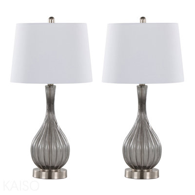 Jenny 27" Contemporary Glass Table Lamp In Clear Smokey Crackle Glass, Brushed Nickel And White Linen Shade From Grandview Gallery  - Set Of 2