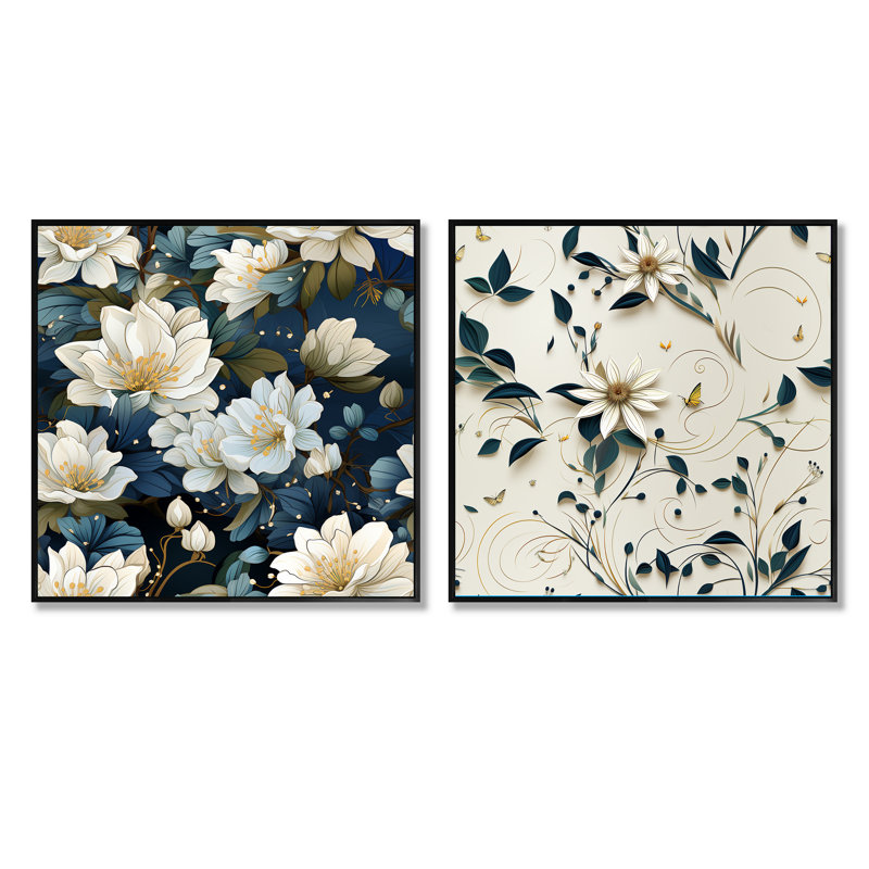 Theodora - Ensemble de 2 collages carrés floraux, Cadre flottant noir, H 16 po x l 33 po