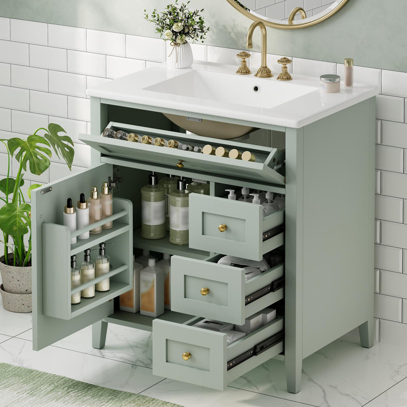 Meuble-lavabo autoportant de 30 po avec lavabo et rangement multifonctionnel, Vert clair, 30