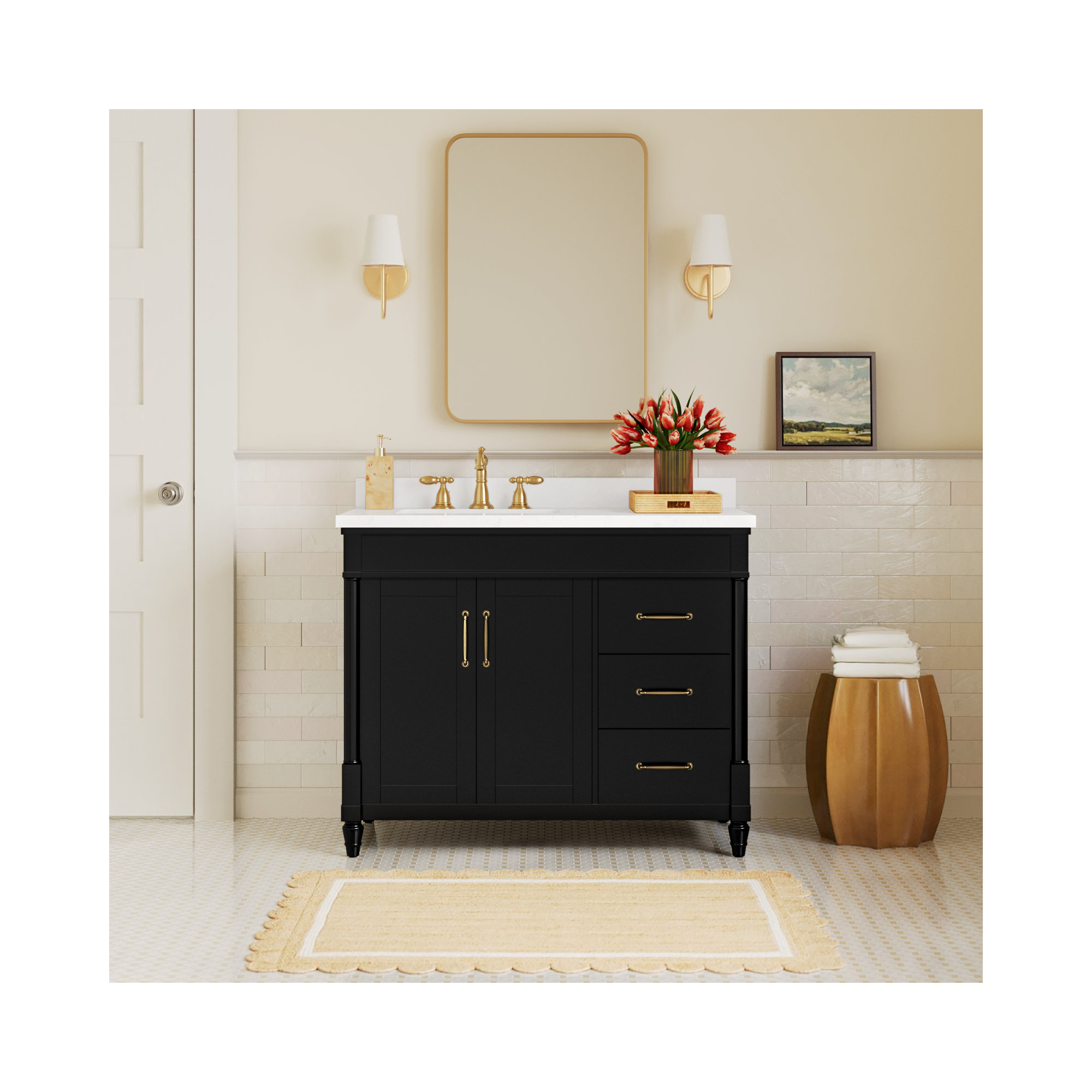 Burdick 42 In Single Off Centered Sink Bathroom Vanity In Pure White, Impress Black