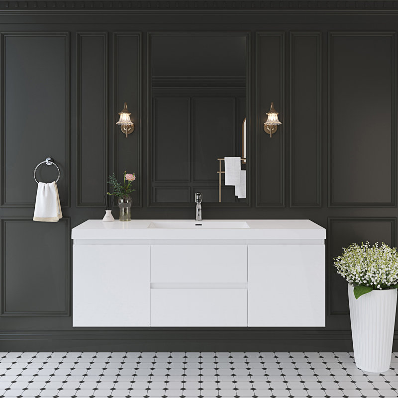 Meuble-lavabo flottant avec lavabo, Blanc, 59"