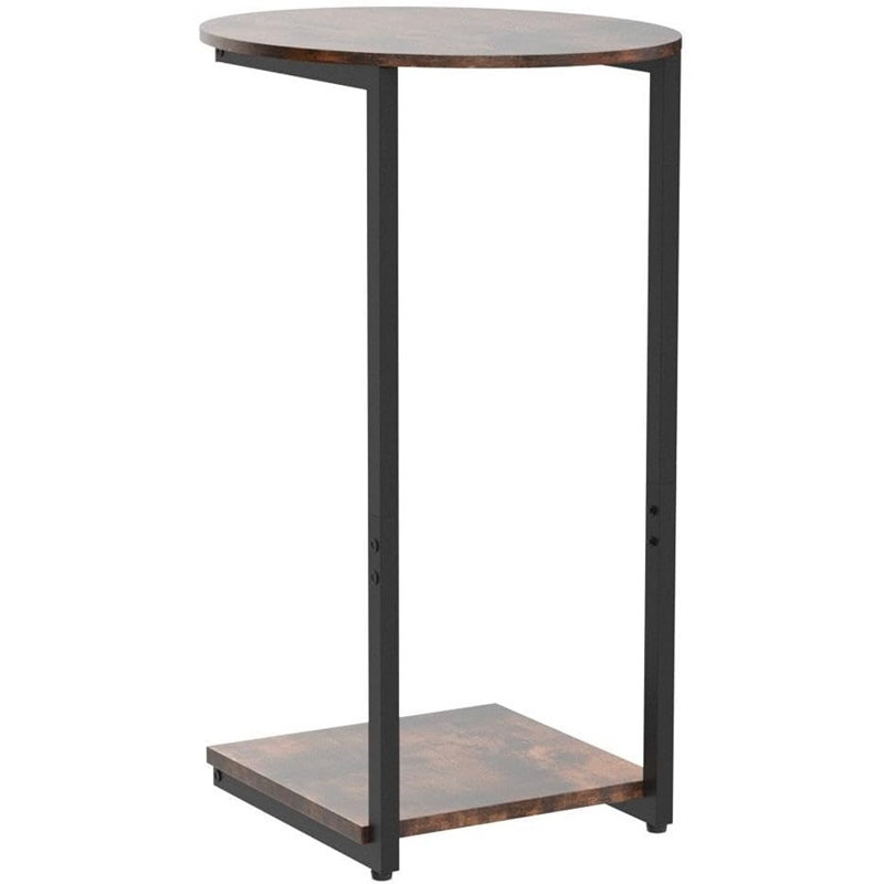 Petite table de bout en C avec plateau en bois et structure en métal, table de canapé pour le salon, la chambre à coucher et les petits espaces, brun rustique