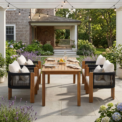 Luxury 5-Piece Outdoor Patio Dining Set, Solid Acacia Wood Dinning Set with Rope Woven Chairs, Farmhouse Dining Furniture Set for Garden, Backyard