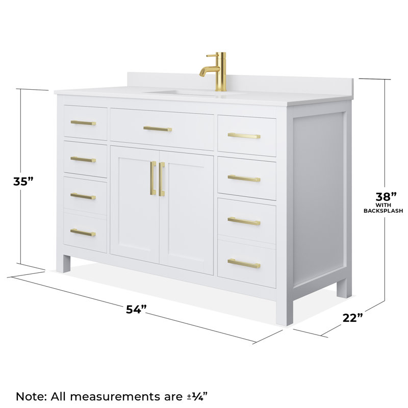 Meuble-lavabo simple autoportant 54 po avec plateau en marbre Beckett, Blanc, Or brossé, Marbre de culture blanc
