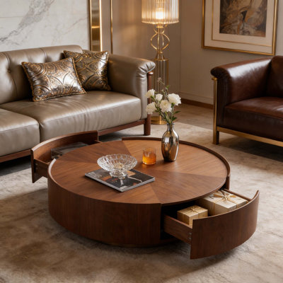 35.4" Round Walnut Wood Coffee Table With Storage Drawers, Modern Drum Side Table, Multi-Functional Center Table For Living Room, Bedroom & Office