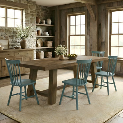 Solid Wood Dining Table Set, Rectangular Distressed Pine Dining Table And Slat Back Windsor Dining Chairs For Kitchen/Dining Room