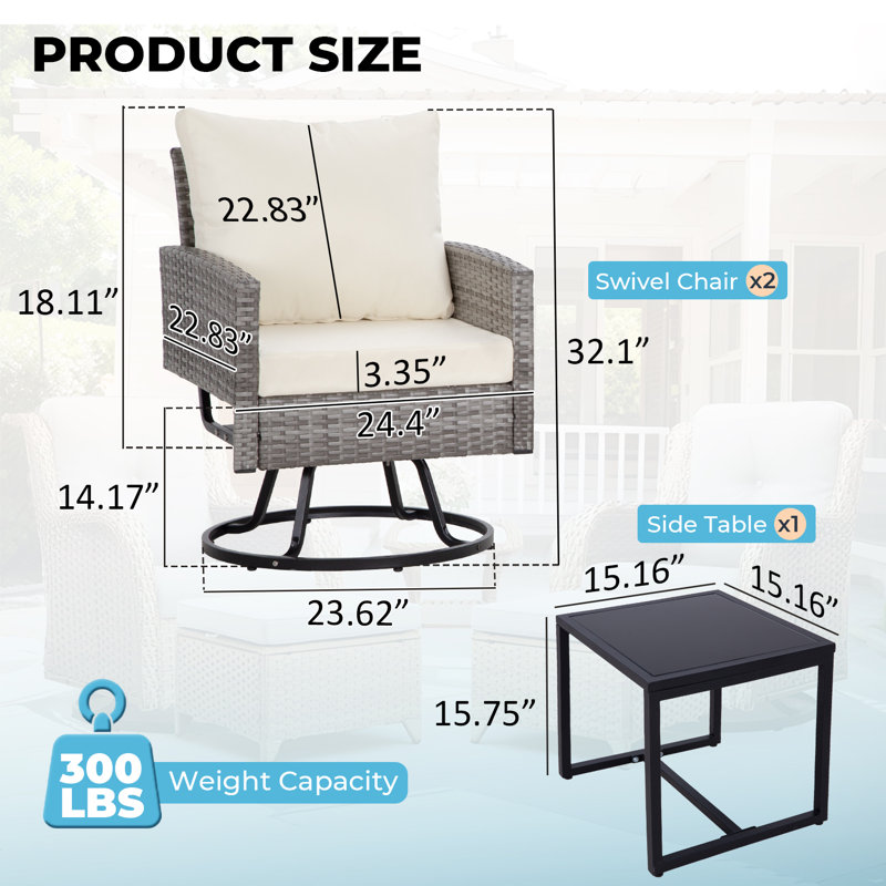 Ensemble de chaises pivotantes 3 pièces pour l'extérieur avec coussins, Beige