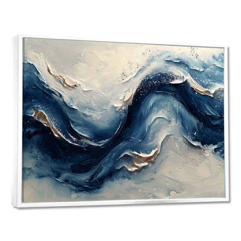 Encre bleue et grise, vagues de la rivière - peinture abstraite, art mural, Cadre flottant, H 12 po x l 20 po, Blanc