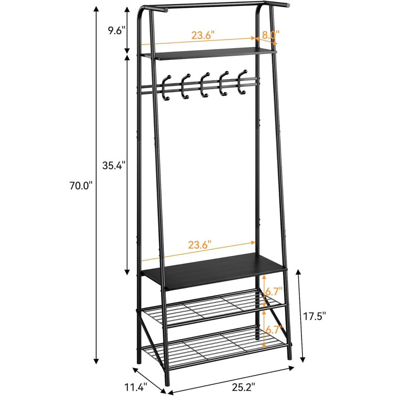 4-Tier Coat Rack Shoe Bench with 5 Hooks, Entryway Hall Tree Coat Shelf with Storage, Metal Frame Multifunctional Hallway Organizer, 4-in-1 Wood Look Accent Furniture for Bathroom, Hallway