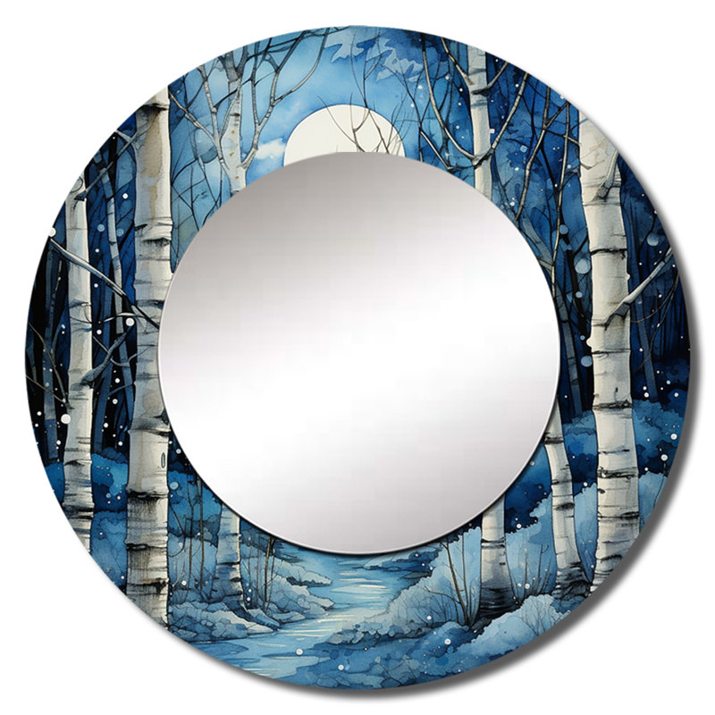 Birch Woods Mystic Moonlight I - grand miroir mural, miroir mural rond bleu, reproduction d'art en métal, 23 po x 23 po