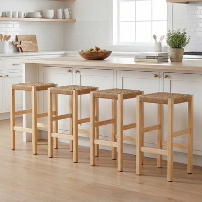 Modern Minimalist Woven Rope Bar Stool, Solid Wood Counter Stool, Armless Accent Chair with Breathable Woven Seat, Multi-use Stool for Kitchen, Patio & Living Space
