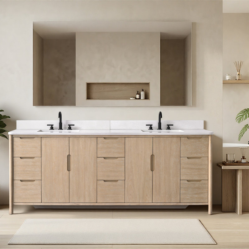 Ensemble de meuble-lavabo autoportant à double cuve 84 po avec plateau en pierre reconstituée Lucerne Lucerne , Blé clair, 84