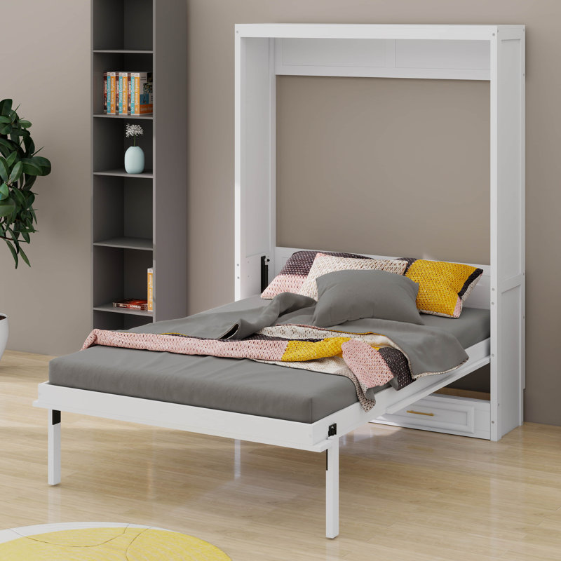 Lit escamotable double avec 2 tiroirs, armoire murale compacte avec rangement