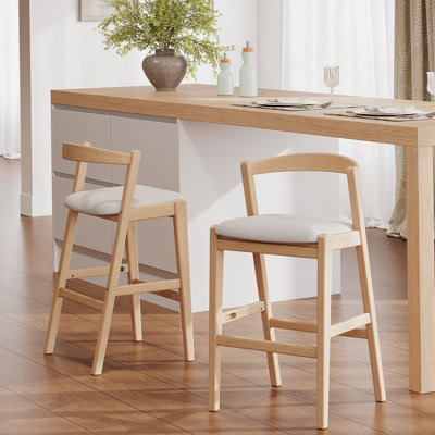 Tabouret de bar d'intérieur en bois d'hévéa, finition naturelle et revêtement beige, ensemble de 2