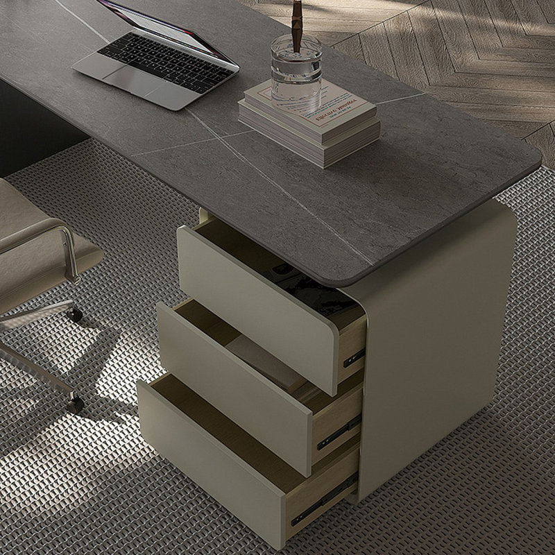 Bureau gris / beige fritté rectangulaire + bois manufacturé + bureau en acier inoxydable avec 3 tiroirs