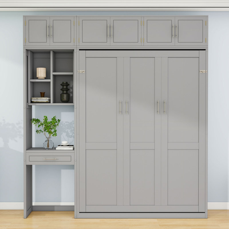 Lit escamotable avec armoires, bureau encastré et tablettes Murphy, Grand lit, Gris