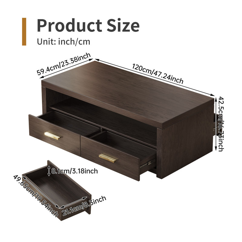 Dark Wood Coffee Table 120cm With 2 Drawers & Open Shelf Storage, Modern Rectangular Living Room Table