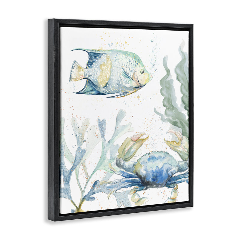 «Crab & Fish Scene», art mural encadré par Patricia Pinto, Cadre flottant noir de jais, H 21 po x l 17 po