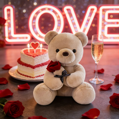 Teddy Bear With Roses Flower Plush Toy Home Decor For Valentine's Day Gifts 10" H X 5" W