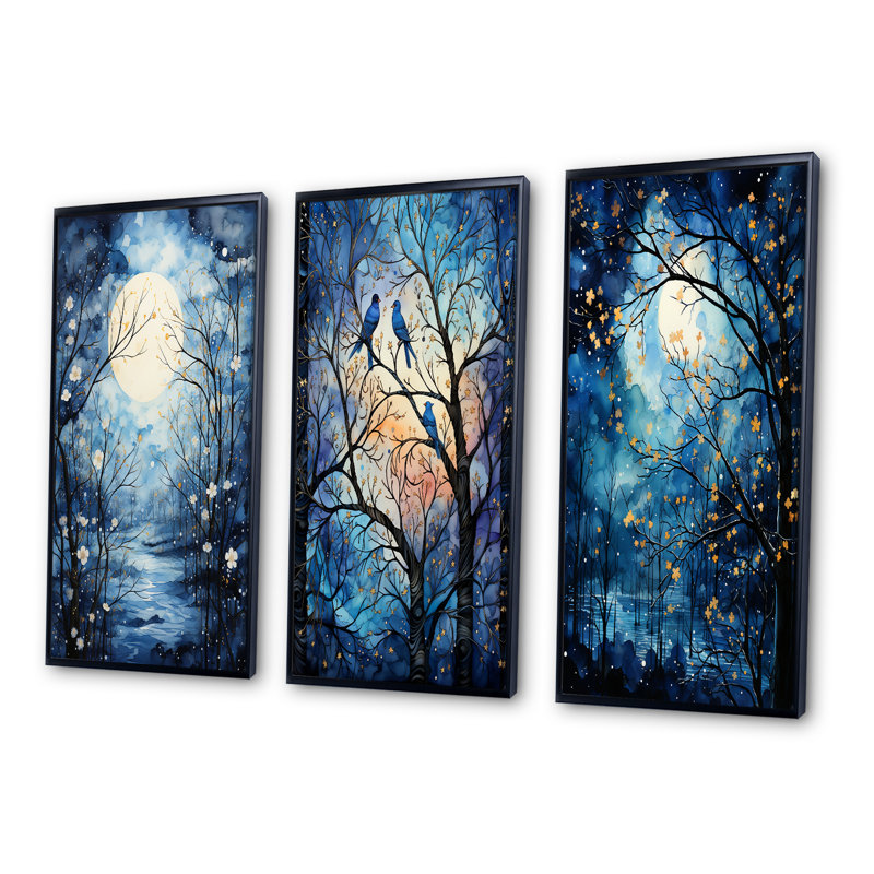 «Blue White Tree Moonlit Silhouette», 3 pièces sur toile, Cadre blanc, H 28 po x l 36 po