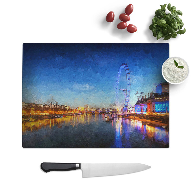 Tempered Glass The London Eye and Thames River in Abstract Chopping Board, 28.5 cm W x 20 cm L