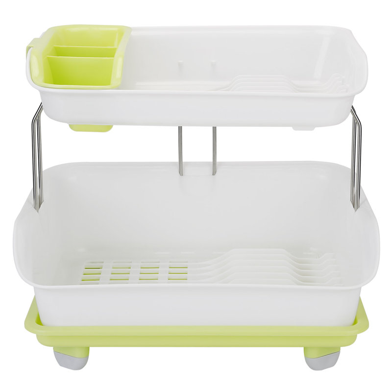 White and Green 2-Tier Metal Dish Drying Rack with Utensil Cup