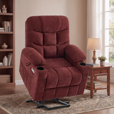 Fauteuil inclinable électrique à deux moteurs avec massage et chaleur, fauteuil inclinable électrique à position infinie avec USB A&C, porte-gobelets (tissu chenille, bourgogne, moyen)