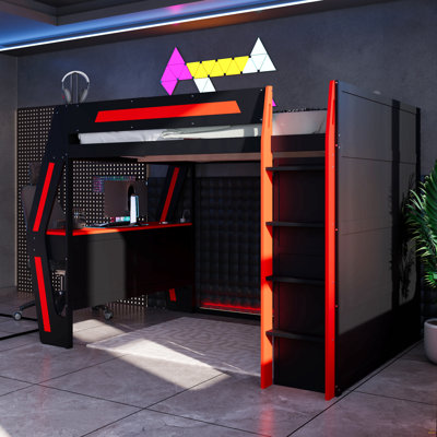 Full Size Gaming Loft Bed with Integrated Desk, Smart RGB LED Lights and USB Ports, Wooden High Bed with 6 Storage Cubbies, 6 Drawers and Safety Staircase, Gamer Bed for Teens and Adults,Black+Red