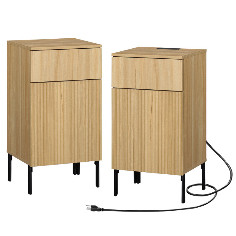 Union Rustic Set Of 2 Reeded End Table With Charging Station, Modern Minimalist Wooden Nightstand With Drawer For Bedroom, Living Room, Sofa Office