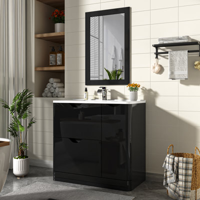 36" Bathroom Vanity Set with Sink, Mirror & Faucet Included, Space-Saving Freestanding Bathroom Cabinet with  2 Drawers & Soft-Close Doors