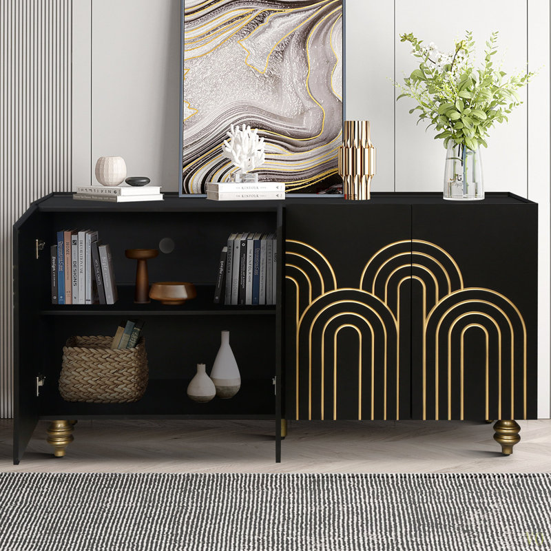 Modern Fluted Sideboard Buffet With Storage, Curve Element With Strict Lines, 4 Doors Storage Cabinet With Adjustable Shelves For Kitchen, Dining Room, Living Room