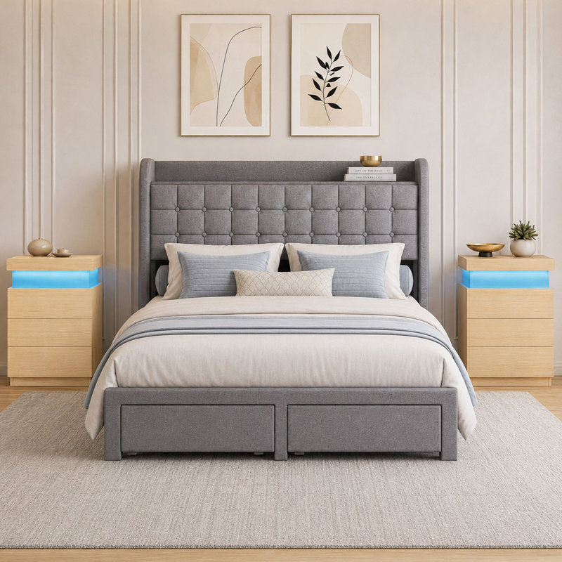 Ensemble de chambre à coucher tapissier Chrisha, Beige / Blanc, Lit double