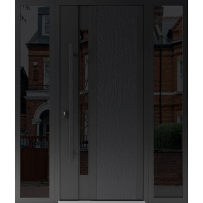 Porte d'entrée extérieure prémontée en acier Dekton 0163 Ardesia Nero, 2 fenêtres latérales extérieures, imposte/porte d'entrée en métal peint moderne, largeur 12+36+12 x hauteur 80, ouverture à droite vers l'intérieur