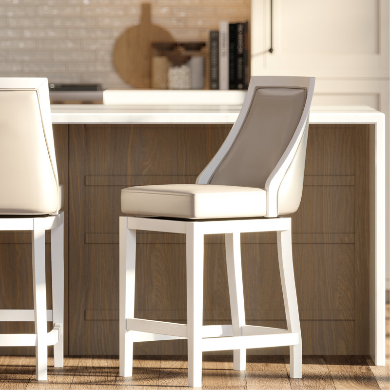 Tabouret de comptoir de 26 po, structure blanche, similicuir gris, pivotant à 180 degrés avec retour automatique, siège spacieux de l 18,5 po x P 17 po, assemblage articulé au doigt, patins de protection en plastique
