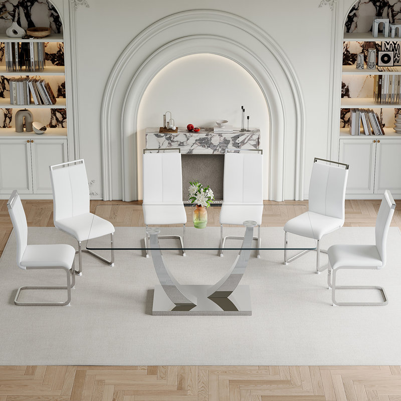 Ensemble de table de salle à manger en verre, Blanc, 7