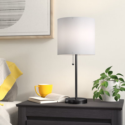 Sarriah Modern Stick Accent Table Lamp with Pull Chain and White Fabric Shade, Brushed Steel