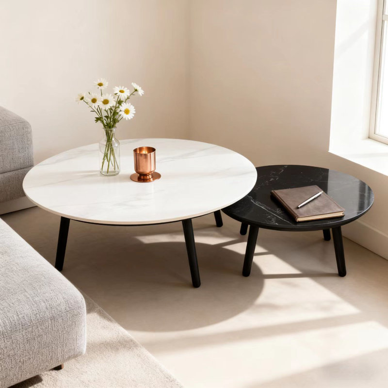 2 Piece Aluminum Patio Nesting Coffee Tables With Round Sintered Stone Tabletop