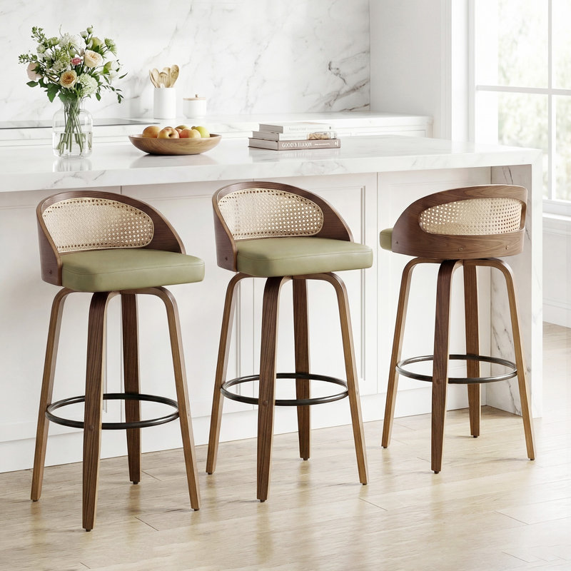 Swivel Upholstered Faux Leather Bar Stool with Solid Wood Frame, Green Faux Leather, Bar Stool (76.2cm Seat Height)