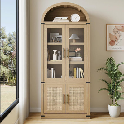 71" Wood Arched Bookcase with Glass Doors, 5-Tier Storage Cabinet with Open Display Shelf, Display Bookshelf for Living Room and Dining Room