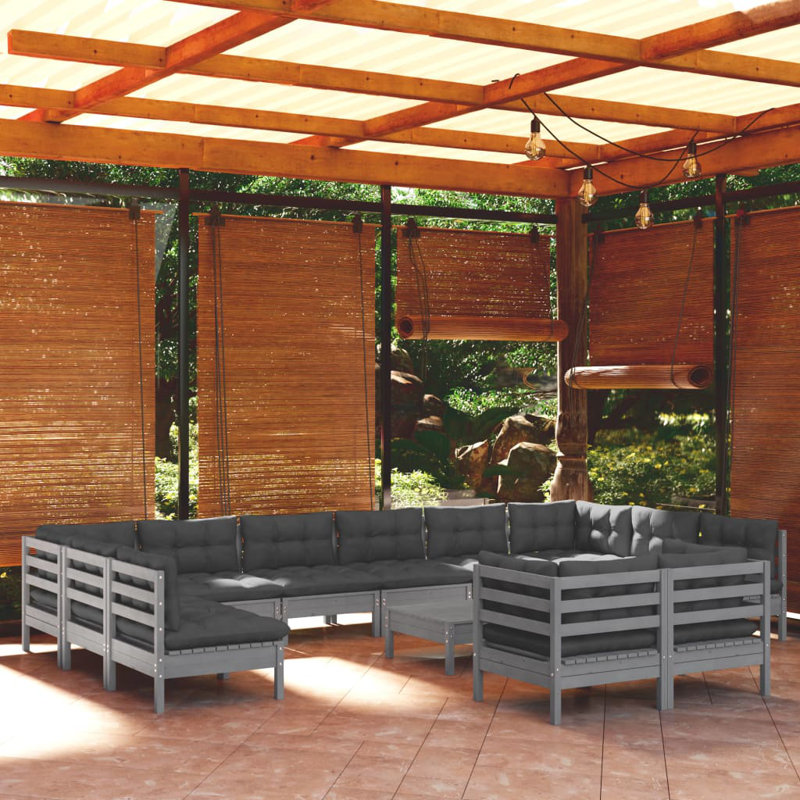  Ensemble de salon de jardin en bois de pin massif gris, tissu (100% polyester), Gris, Gris