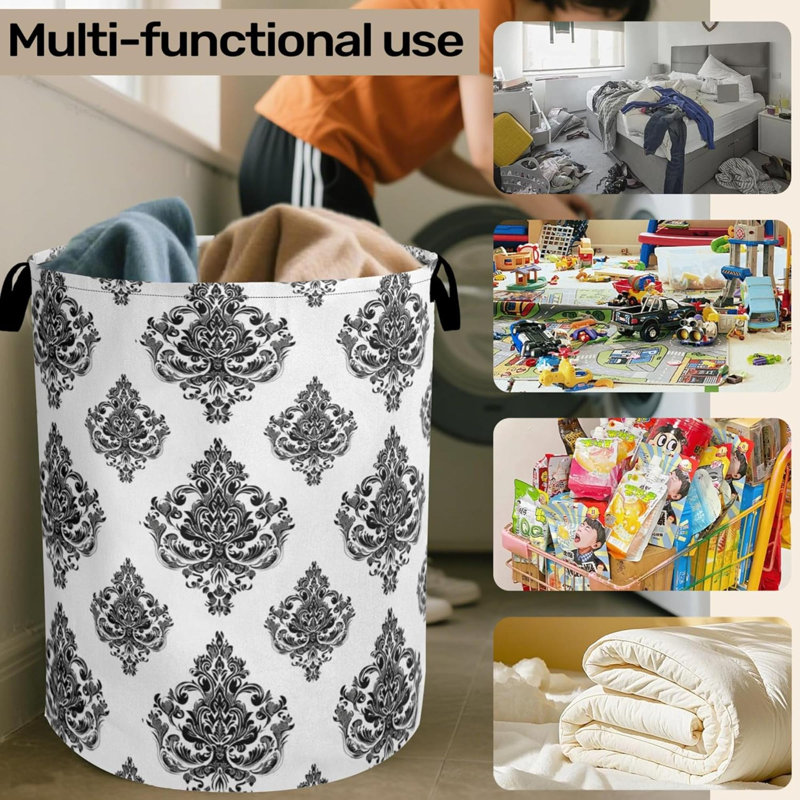 Damask Flower Foldable Laundry Hamper - Waterproof Fabric Storage Basket With Handles, Clothes Hampers For Laundry,Bedroom,Dorm