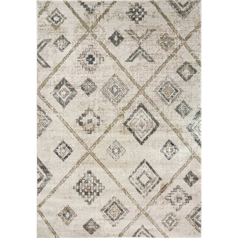 Tapis géométrique en polyester / polypropylène tissé à la machine en ivoire / gris, Rectangle 5 pi 2 po x 7 pi