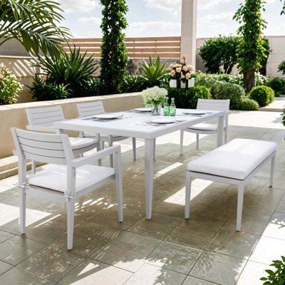 6PC Patio Aluminum Furniture, Modern Dining Set, Including 4 Dining Chairs & 1 Dining Bench Sunbrella Fabric Cushioned And Two-Tone Table Top Rectangl -  Latitude Run®, 090571BCAEAF44199B9A04327B3A0696