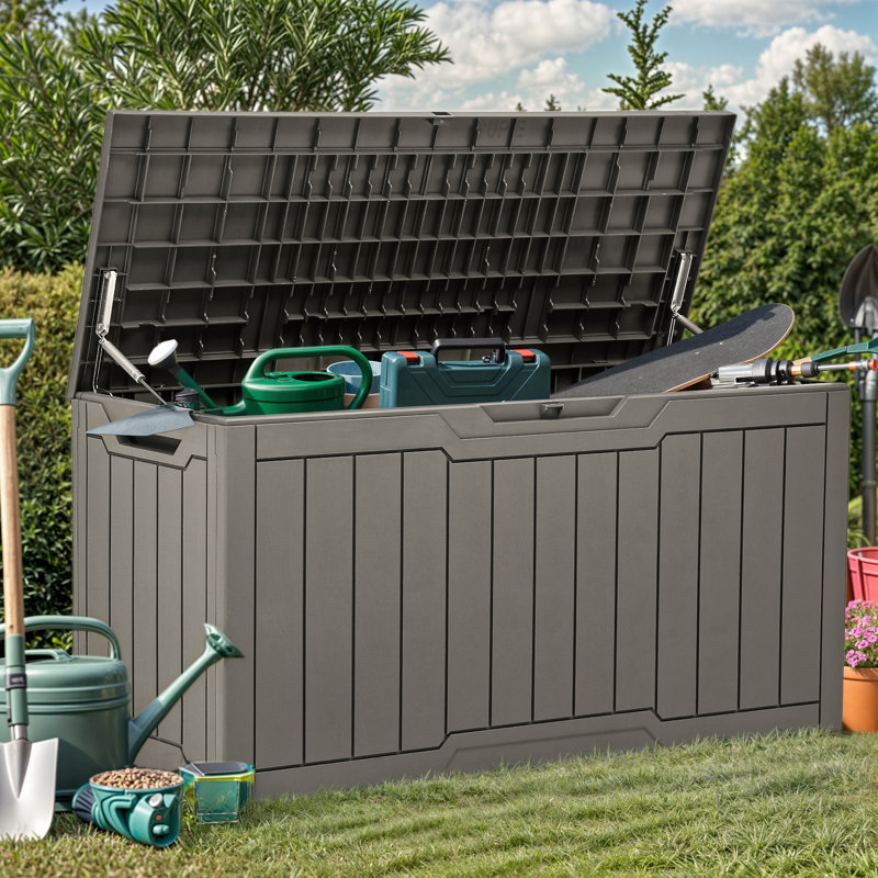 300L Deck Box, Plastic Lockable Garden Storage Box, Brown
