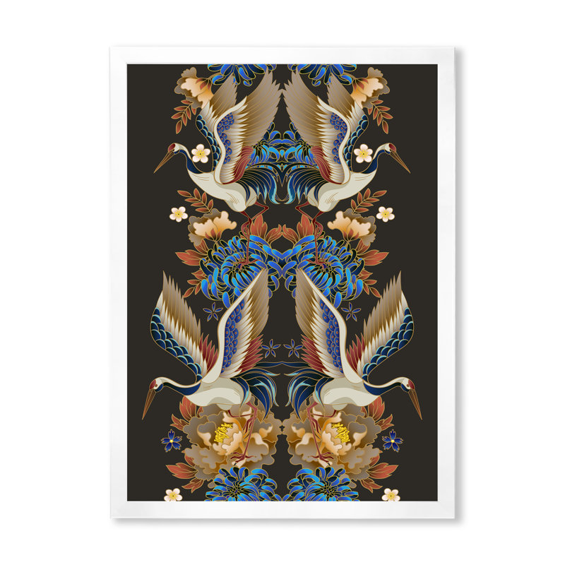 Chinoiserie avec oiseaux et pivoines - Impression sur toile, H 40 po x l 30 po x 1,5 po, Cadre photo blanc
