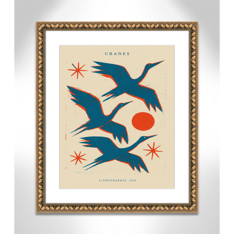 «Cranes» par Treechild, L 22,5 po x H 26,5 po, Matted Print, Gold Leaf Beads