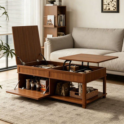Table basse à plateau relevable avec compartiment caché, tablette ouverte et bureau réglable