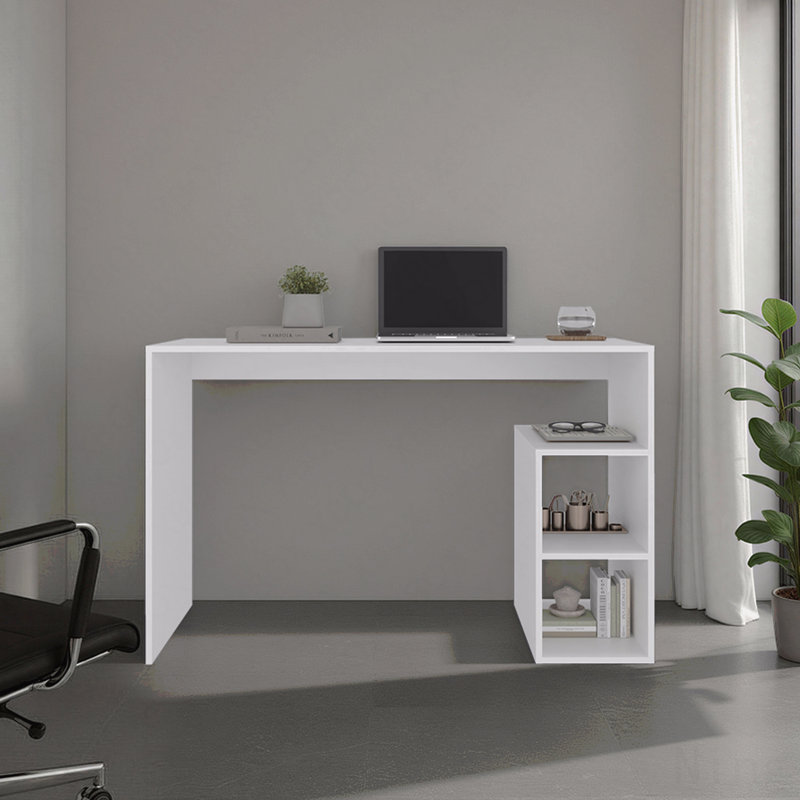 Bureau d'écriture uni avec 3 tablettes de rangement ouvertes, Blanc
