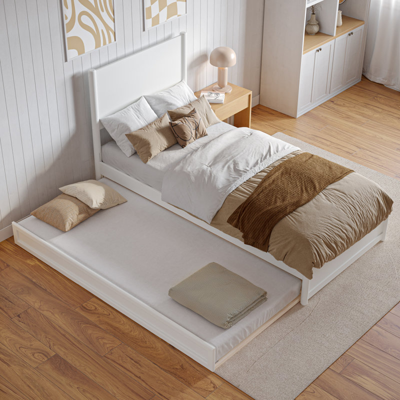  Ronan Wood Platform Bed with Footboard and Trundle, White, Twin XL